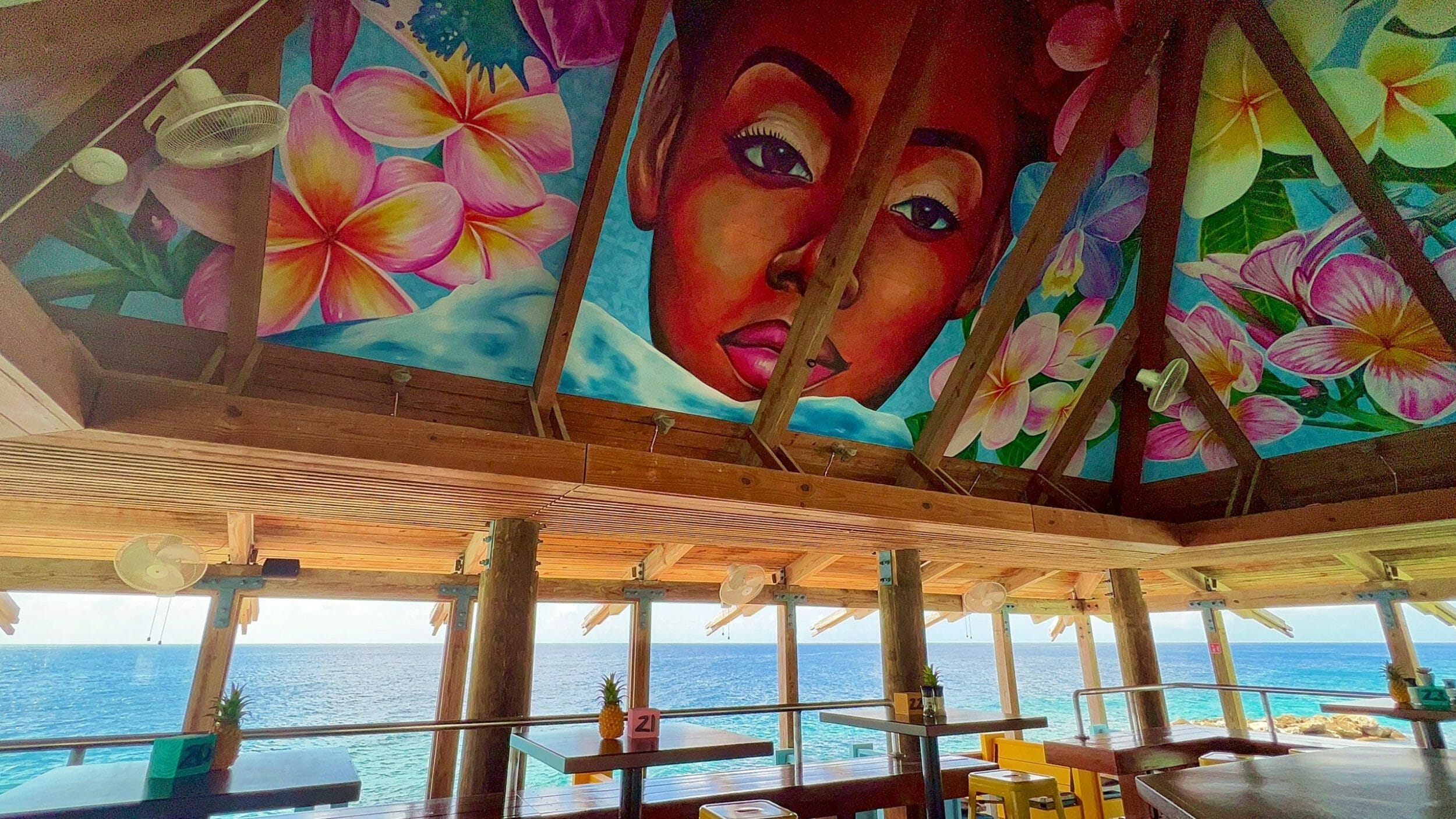 Avilas Art Curacaos biggest indoor mural at Blues Restaurant scaled