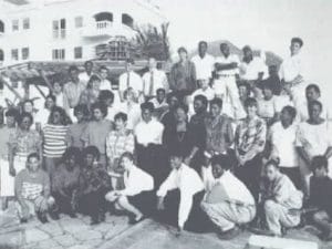 Avila Beach Hotel staff in 1992 with Finn "Nic" Nicolay Møller, Mrs. Birte Jensen, and Tone Møller. Employees 1992